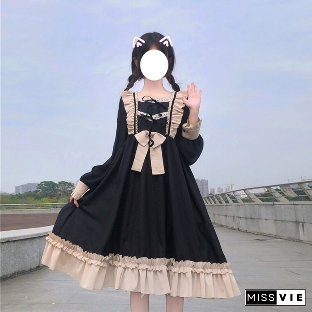 Harajuku Lolita Dress Daily Palace Bow-Knot Sweet Cute Retro Lotus Leaf Bow Vestidos Noble Sweet Gothic Party Robe Renaissance