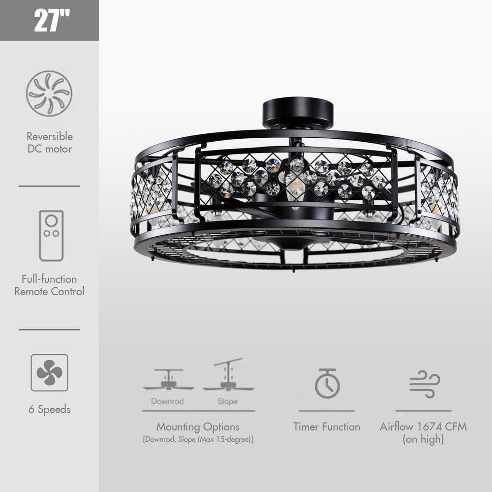 Parrot Uncle Wright 27 in Indoor Black Crystal Caged Low Profile Ceiling Fan with Light Kit and Remote Control