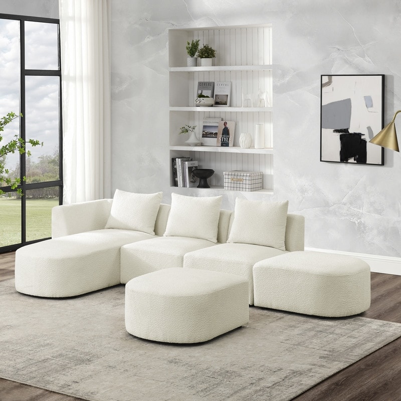 Modular Sectional Sofa  4 Seat Sofa Loop Yarn Fabric L Shaped Couch with Left/Right Chaise and Ottoman for Living Room Bedroom