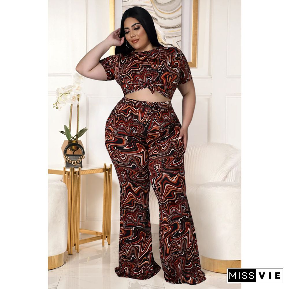 Plus Size Print Short Sleeve Crop Top Flared Pants Suit