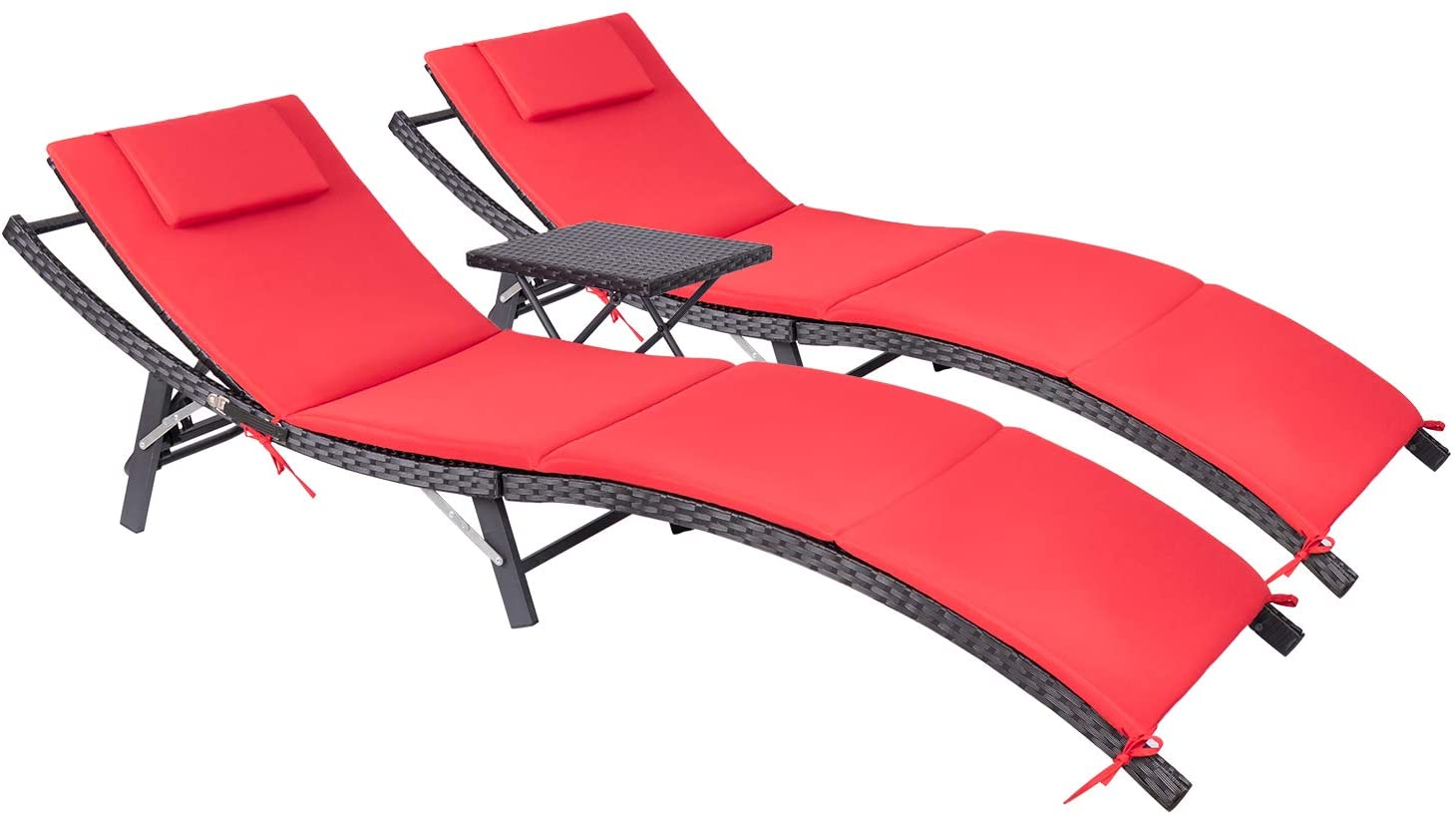 Lacoo 3 Pieces Patio Furniture Outdoor Patio Lounge Chair Adjustable Folding Lawn Poolside Chaise Lounge Chair PE Rattan Patio Seating with Folding Table and Red Cushion