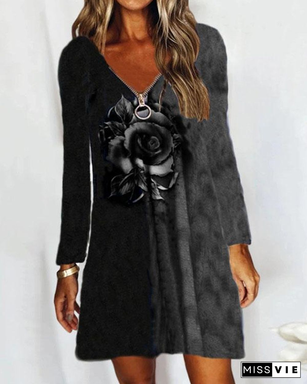 Casual V Neck Zipper Neck Long Sleeve Rose Print Contrast Dress