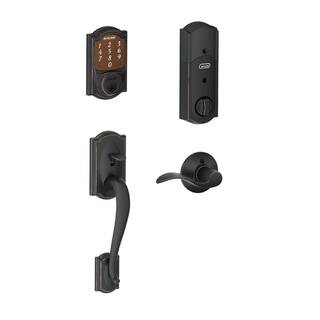 Schlage Camelot Aged Bronze Sense Smart Deadbolt and Camelot Handleset with Accent Handle with Camelot Trim BE479AAVCAM716FE285GCAM716ACCCAM