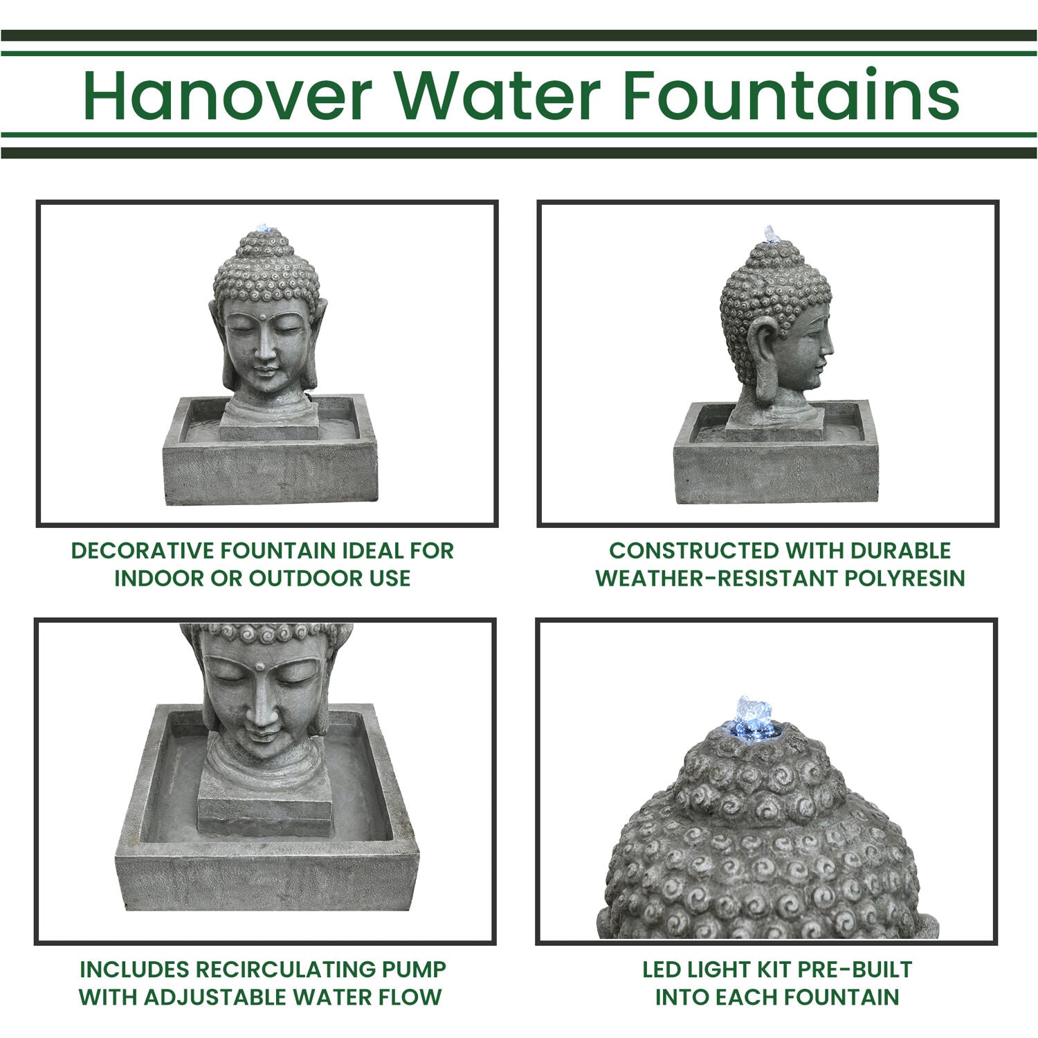 Hanover 20.5-In. Buddha Head Indoor or Outdoor Garden Fountain with LED Lights for Patio， Deck， Porch， HAN018BUDDHA-01