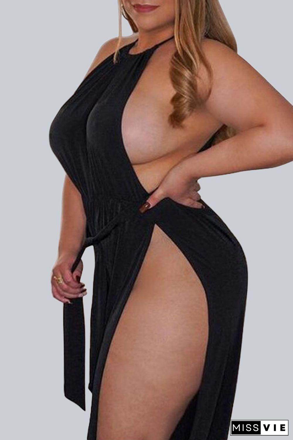 Black Sexy Casual Solid High Opening Halter Plus Size Jumpsuits(With Belt)