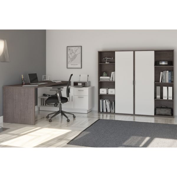 Bestar Equinox 3-Piece L-Shaped Desk and Two Bookcases - Bark Gray and White