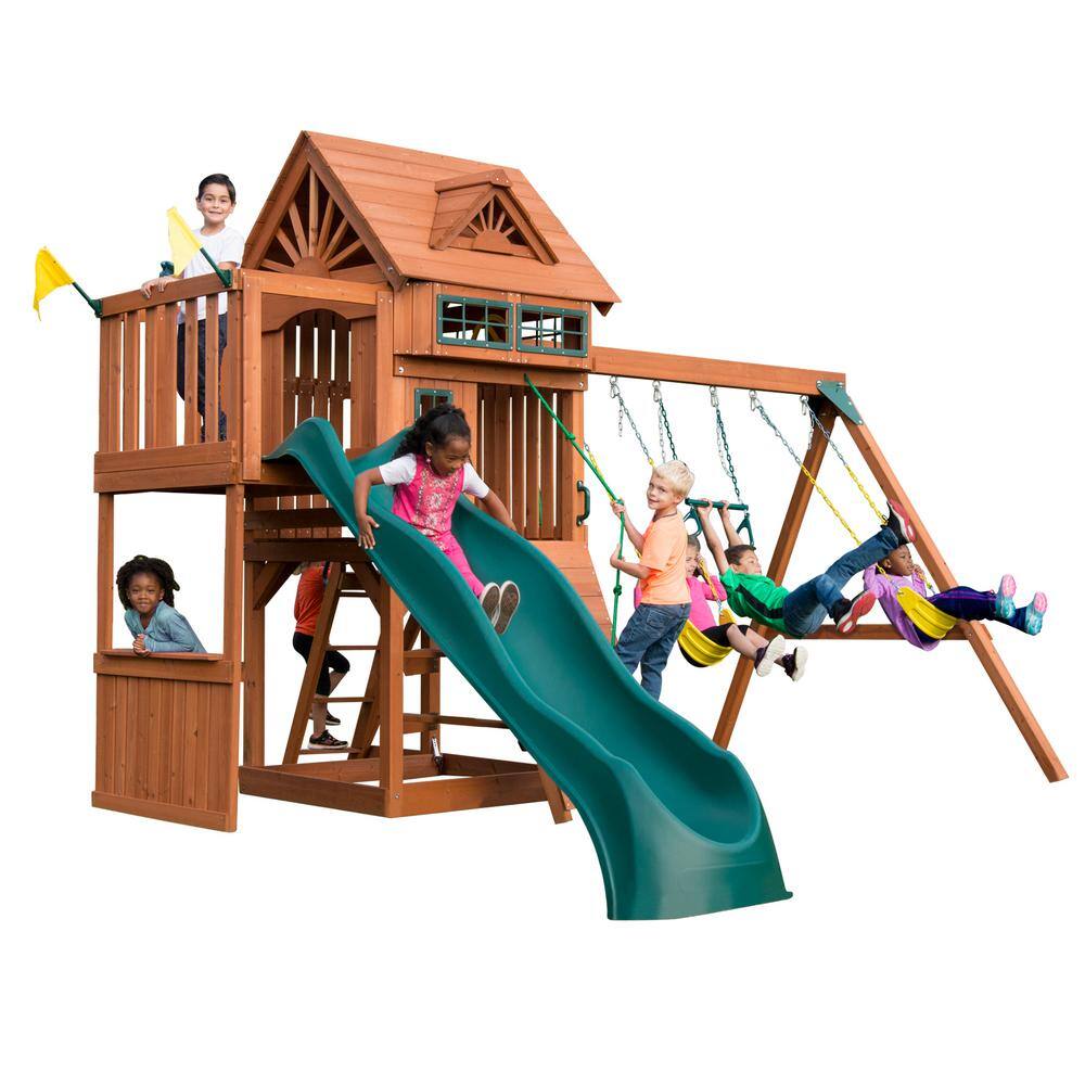 Swing-N-Slide Playsets Professionally Installed Sky Tower Terrace Complete Wooden Playset with 5 ft. Terrace Slide and Swing Set Accessories 6038