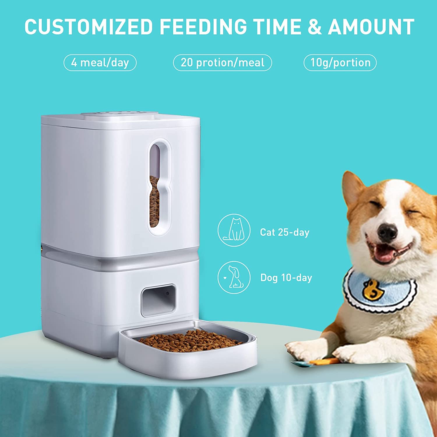 7L Automatic Cat Feeder， Auto Timed Pet Dry Food Dispenser with Programmable Portion Control 1-4 Meals per Day， Dual Power Supply， 10s Voice Reorder for Cats Dogs