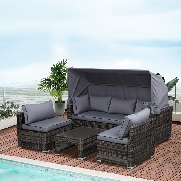 Outsunny Outdoor Daybed With Canopy 4 Piece Sectional Patio Furniture Set Cushions Table Ottoman Pe Wicker Sofa Set amp Convertible Sunbed Gray