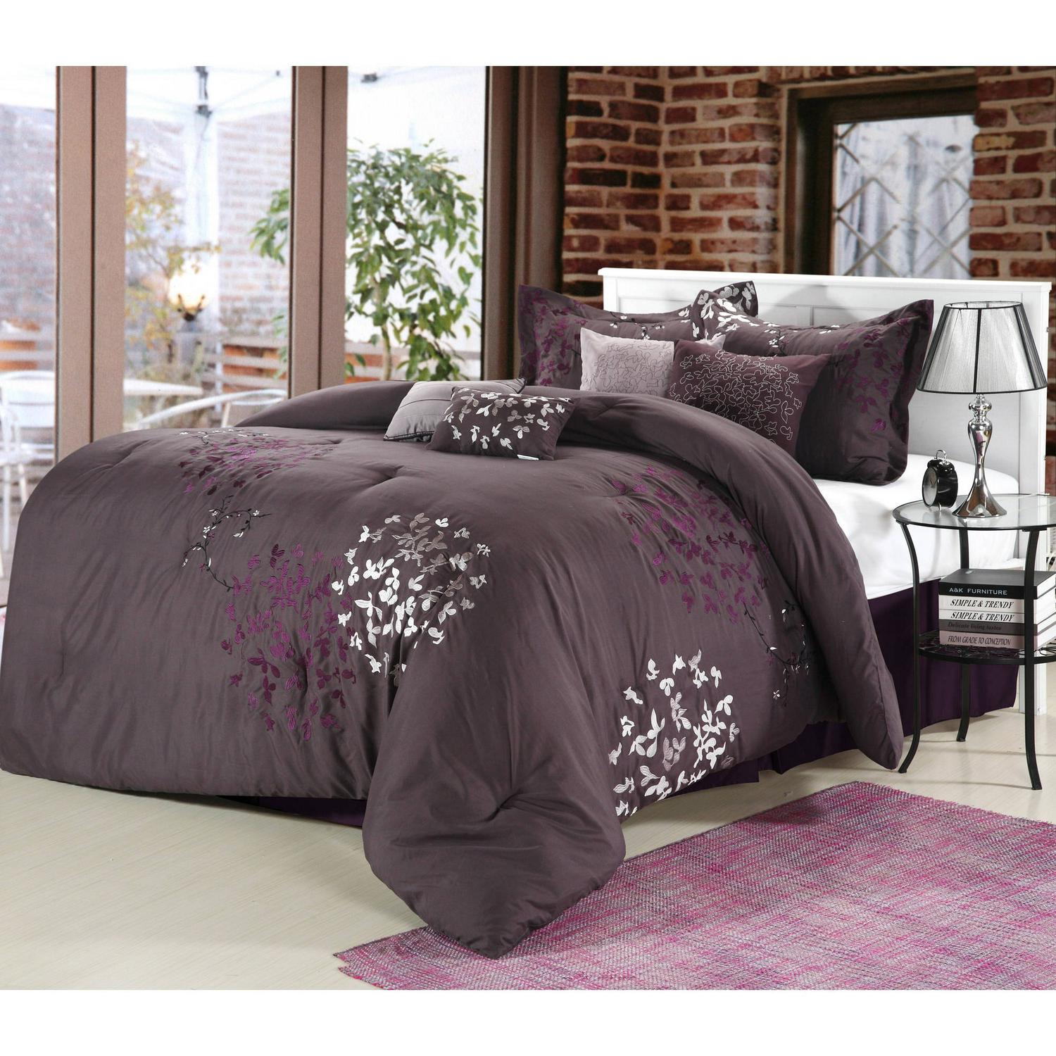 Chic Home Chelsia 8-Piece Floral Embroidered Comforter Set， Queen， Purple