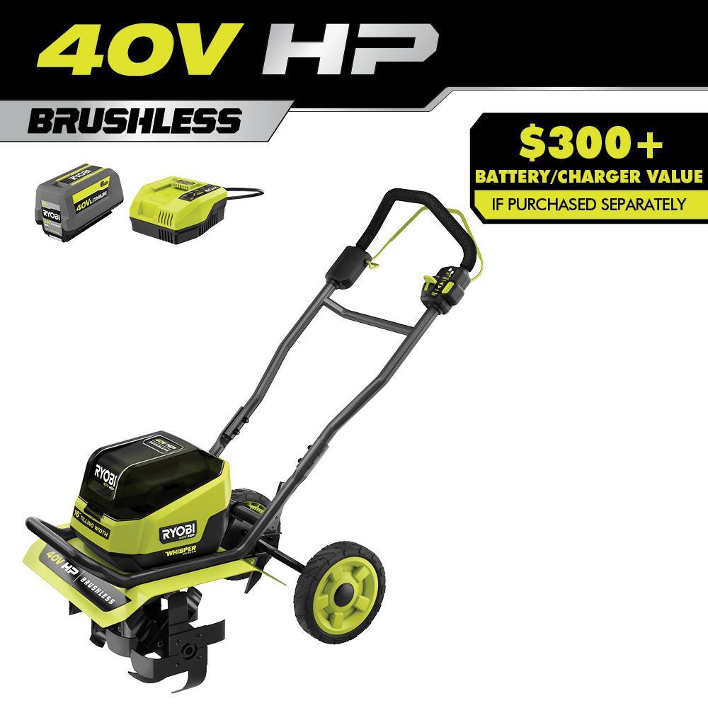 RYOBI 40V HP Brushless 16 in. Front Tine Tiller with Adjustable Tilling Width with 6.0 Ah Battery and Quick Charger RY40730