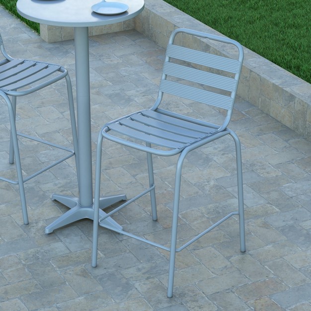 Emma And Oliver Silver Metal Bar Height Stool With Triple Slatted Back For Indoor And Outdoor Use