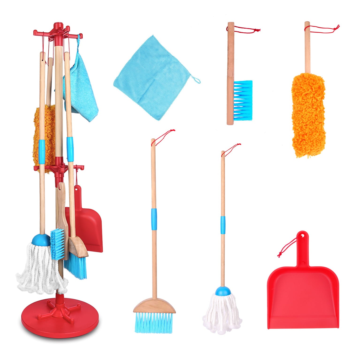 SUPER JOY Detachable Wooden Kids Cleaning Toy Set， Housekeeping Kit Broom， Mop， Duster， Dustpan， Brush， Rag， Hanging Stand， STEM Clean Toys for Girls and Boys