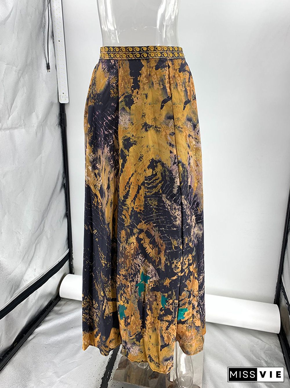 Loose Wrap Contrast Color Flower Print Skirts Bottoms