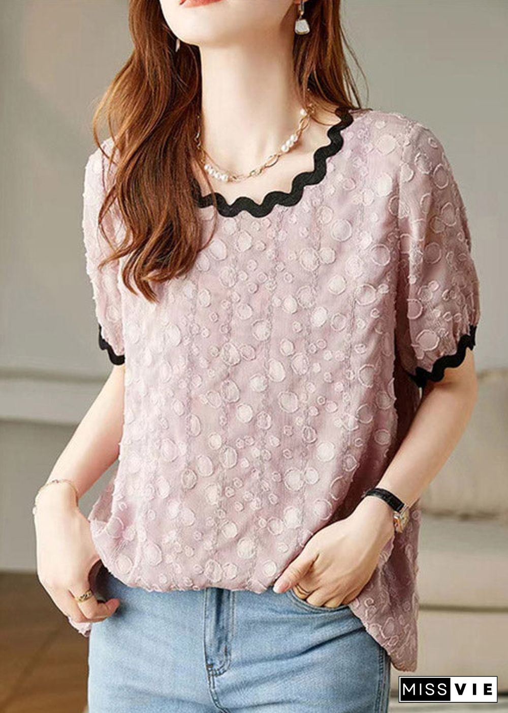 Pink Patchwork Cozy Chiffon T Shirts Puff Sleeve