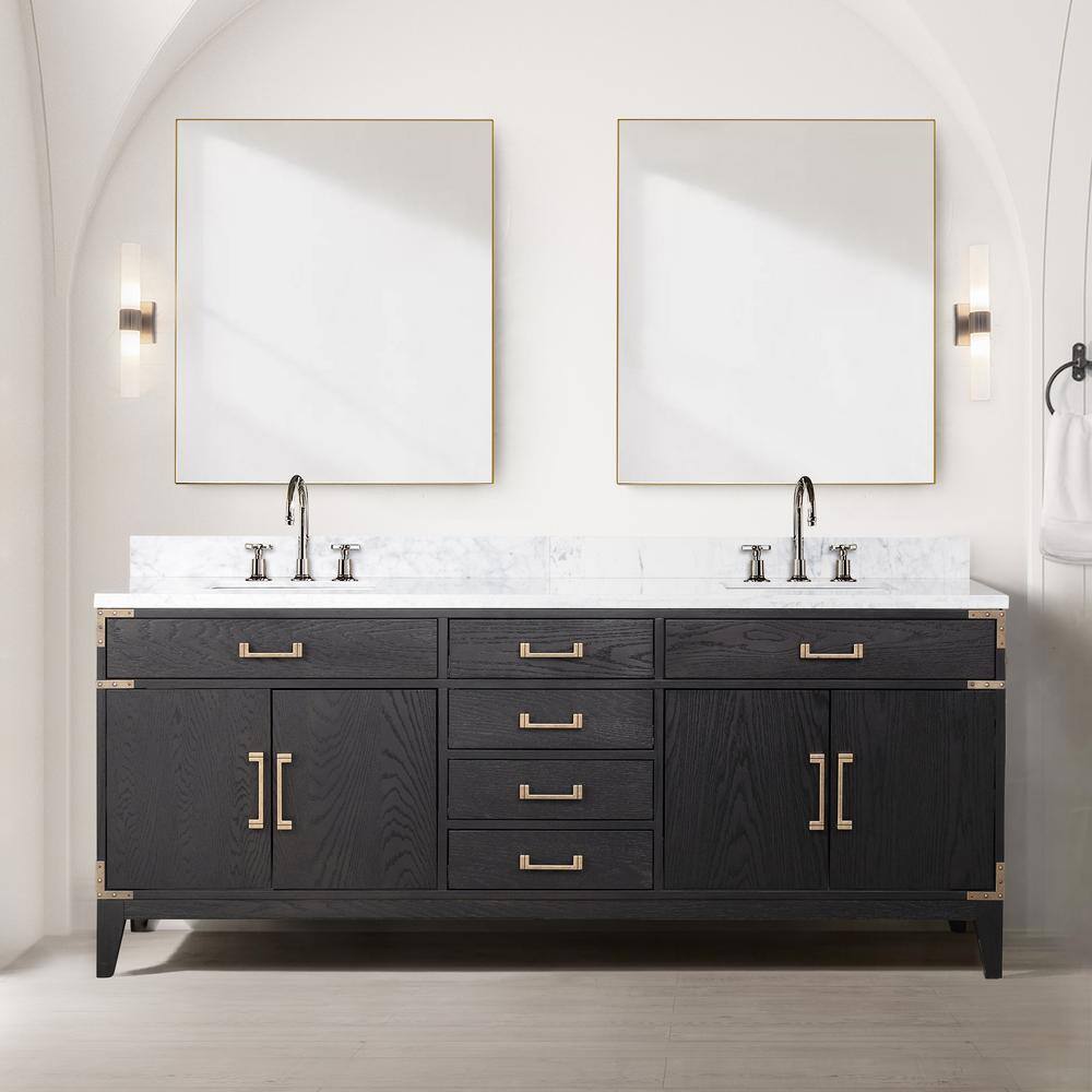 Lexora Fossa 80 in W x 22 in D Black Oak Double Bath Vanity and Carrara Marble Top LVF80DJ100