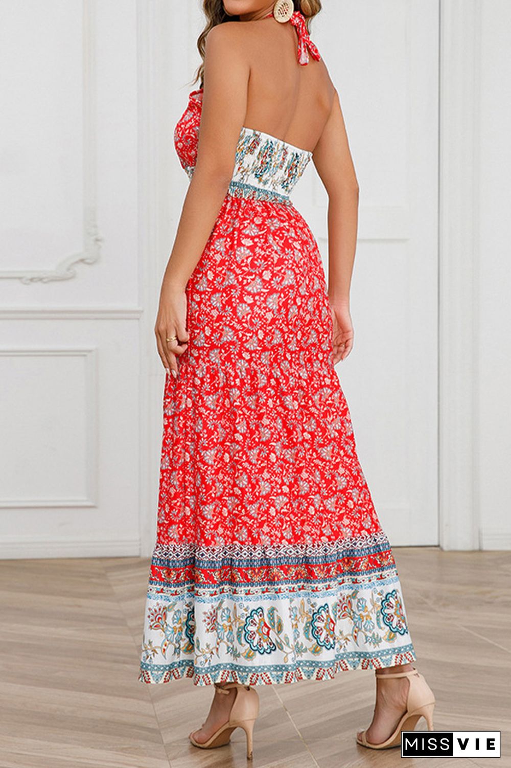 Twisted Halter Hollow Out Smocked Waist Boho Floral Maxi Dress