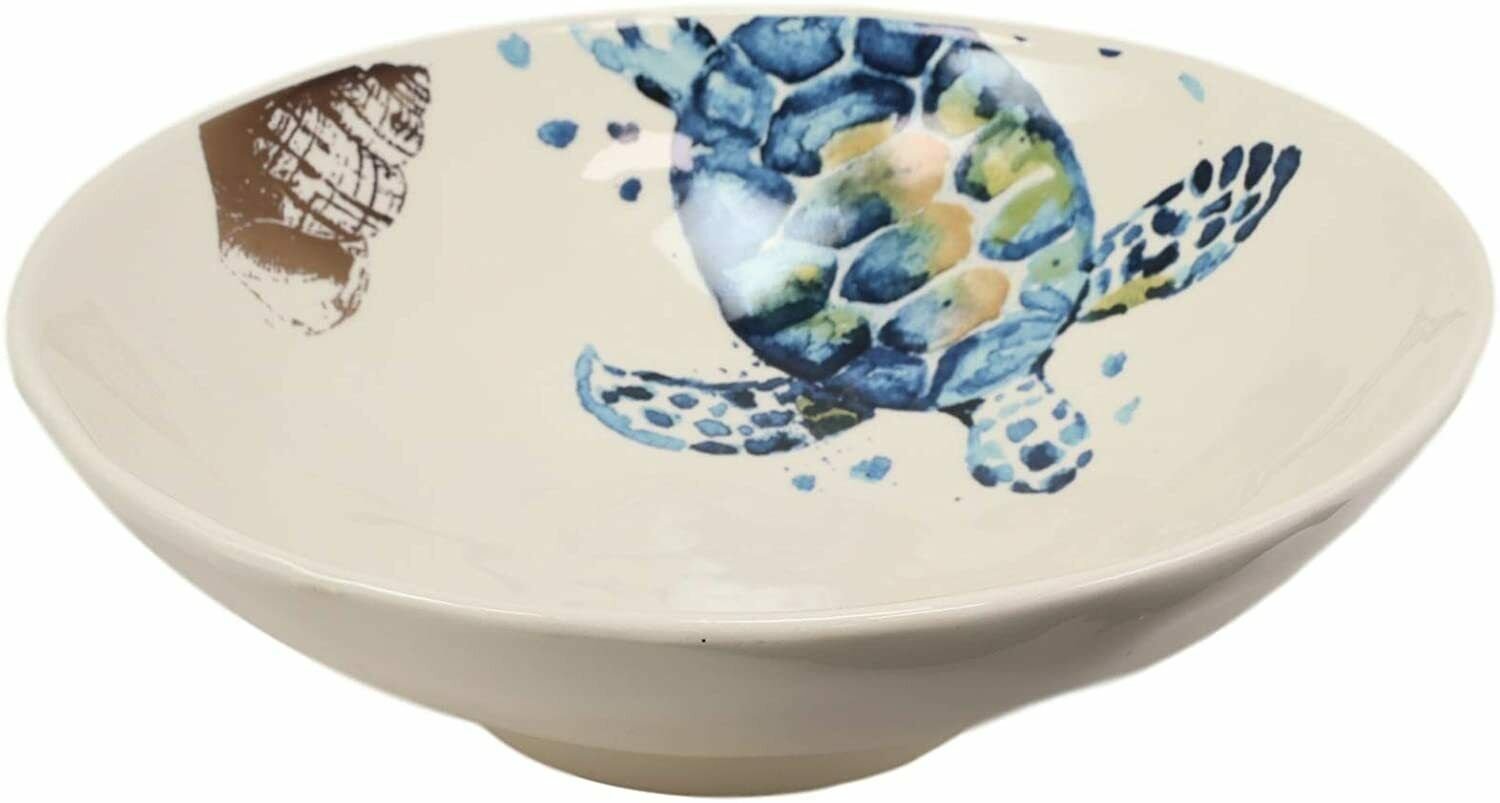 1 Marine Blue Sea Turtle and Conch Shell Ceramic Soup Pasta Salad Rice Slanted Bowl EBR02