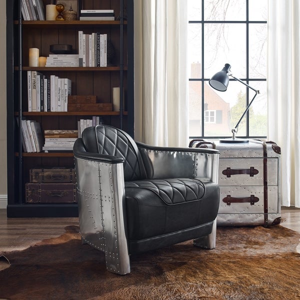 IndustrIal Retro Top Grain Leather and Aluminum Accent Chair