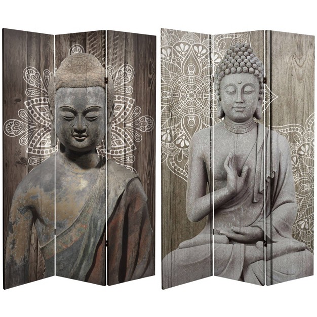 Double Sided Stone Buddha Canvas Room Divider Gray Oriental Furniture