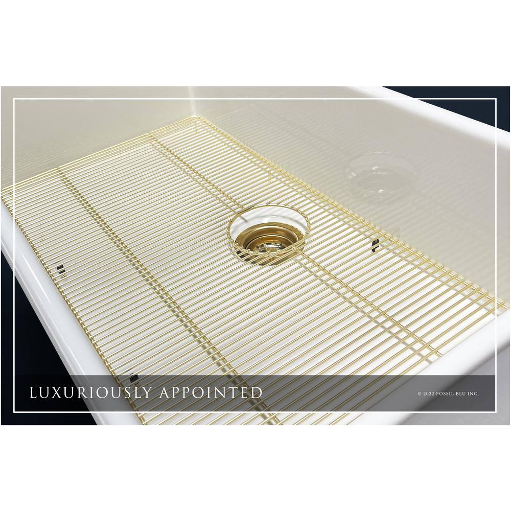 Fossil Blu Luxury White Solid Fireclay 36 in. Single Bowl Farmhouse Apron Kitchen Sink with Matte Gold Accs and Flat Front WHS1008BB