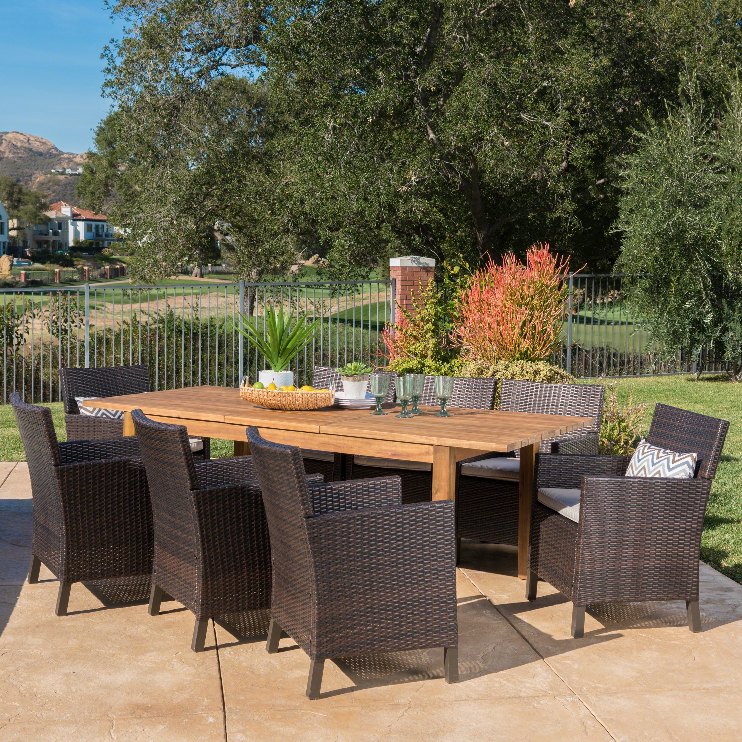 Lilith Outdoor 9 Piece Multibrown Wicker Dining Set with Teak Finished Acacia Wood Expandable Dining Table and Light Brown Water Resistant Cushions