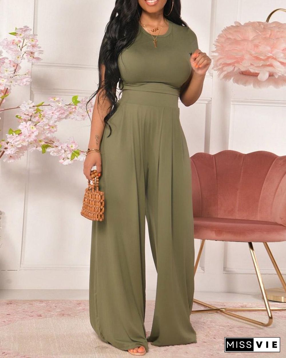 Plain Short Sleeve Crop Top & Wide Leg Pants Set P14029