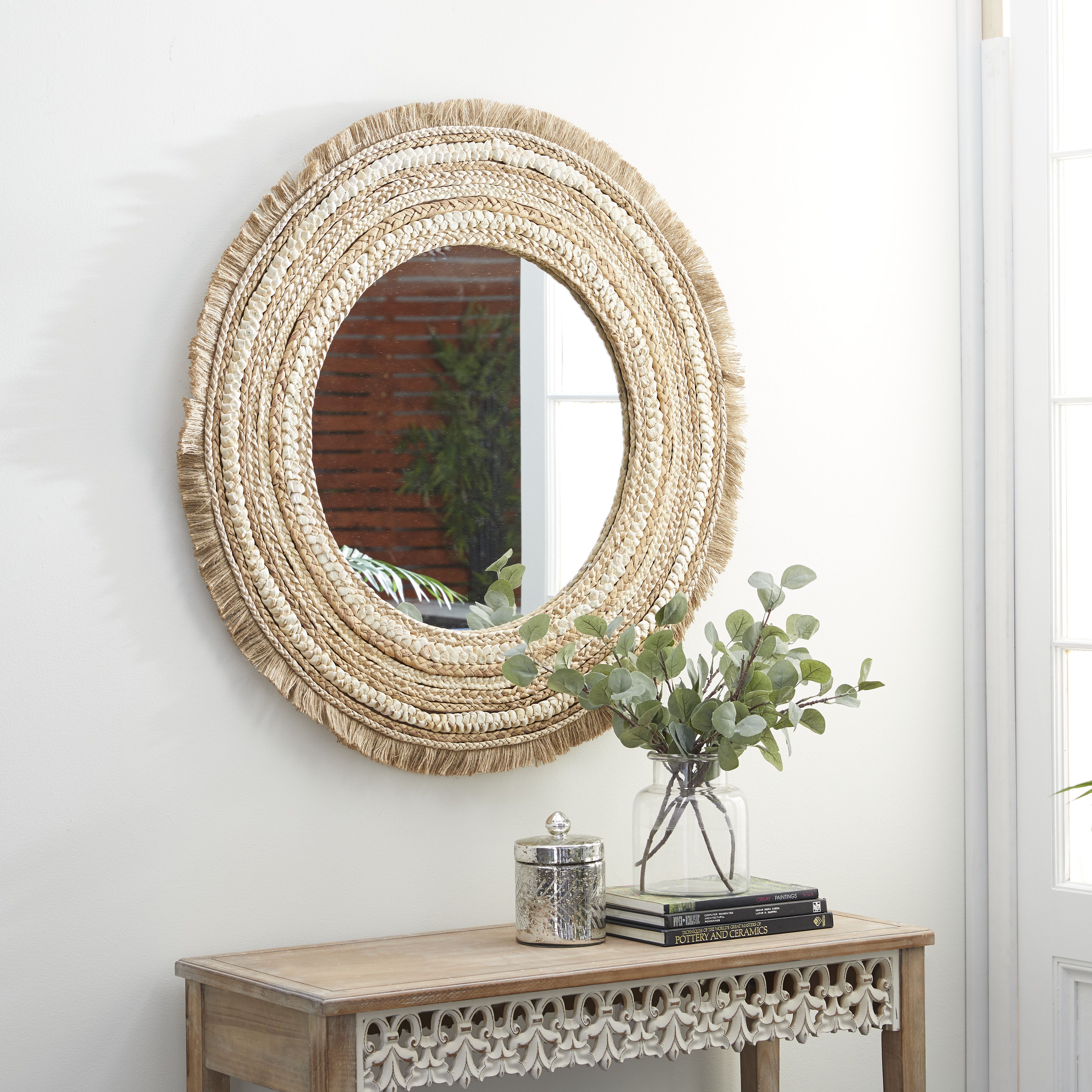 Beige Bohemian Style Wood Wall Mirror 38 x 38