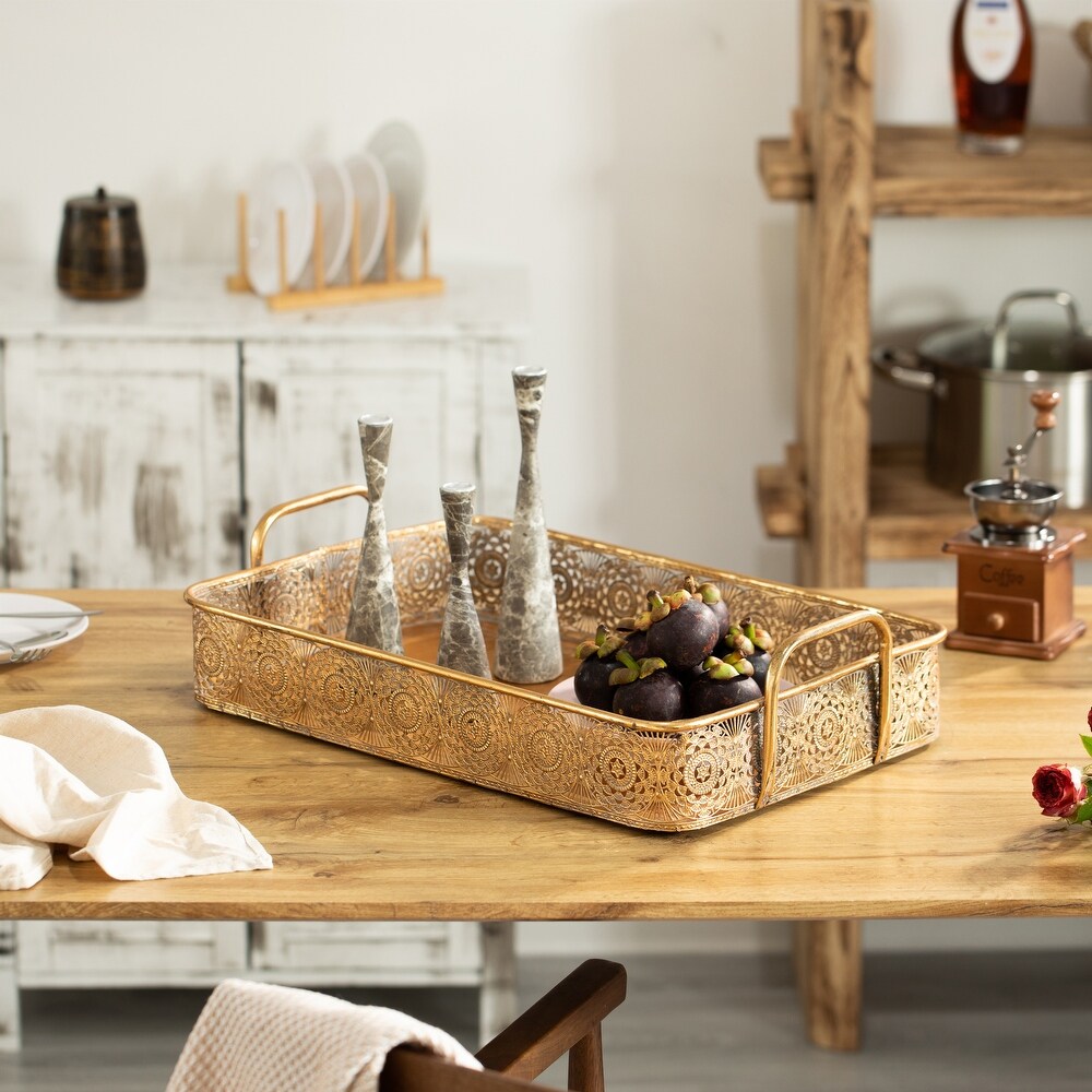 Metal Gold Rectangular Serving Tray with Oval Design and Handles