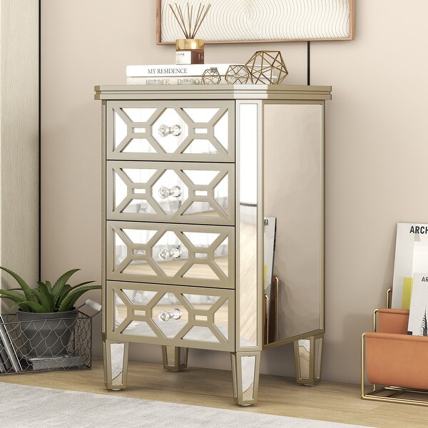 Elegant Mirrored 4-Drawer Chest with Golden Lines Storage Cabinet - - 37857305