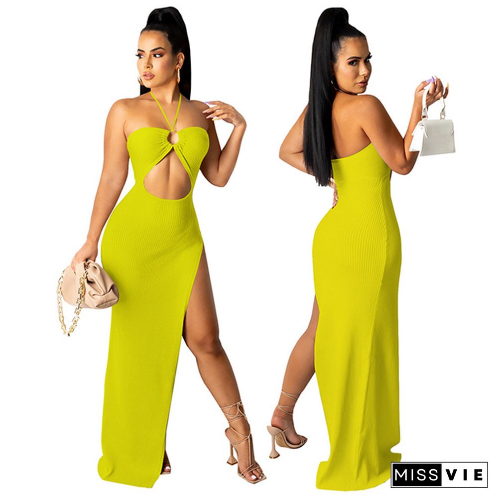 Women Sexy Solid Color Sleeveless Halter Hollow Out Asymmetrical High Splited Night Club Long Dresses