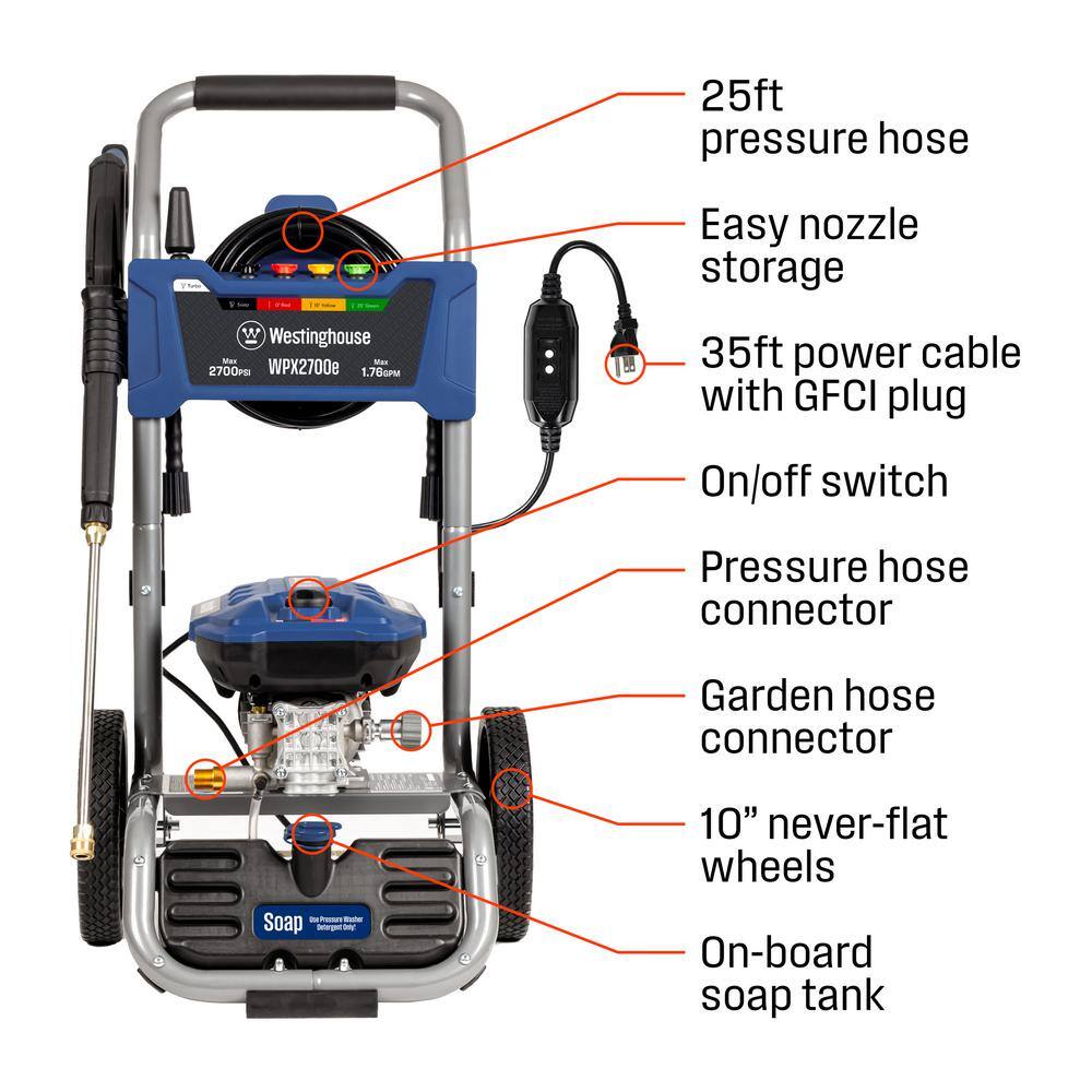 Westinghouse WPX2700e PSI 1.76 GPM 13 Amp Cold Water Electric Pressure Washer with Turbo Nozzle and Quick Connect Tips WPX2700e