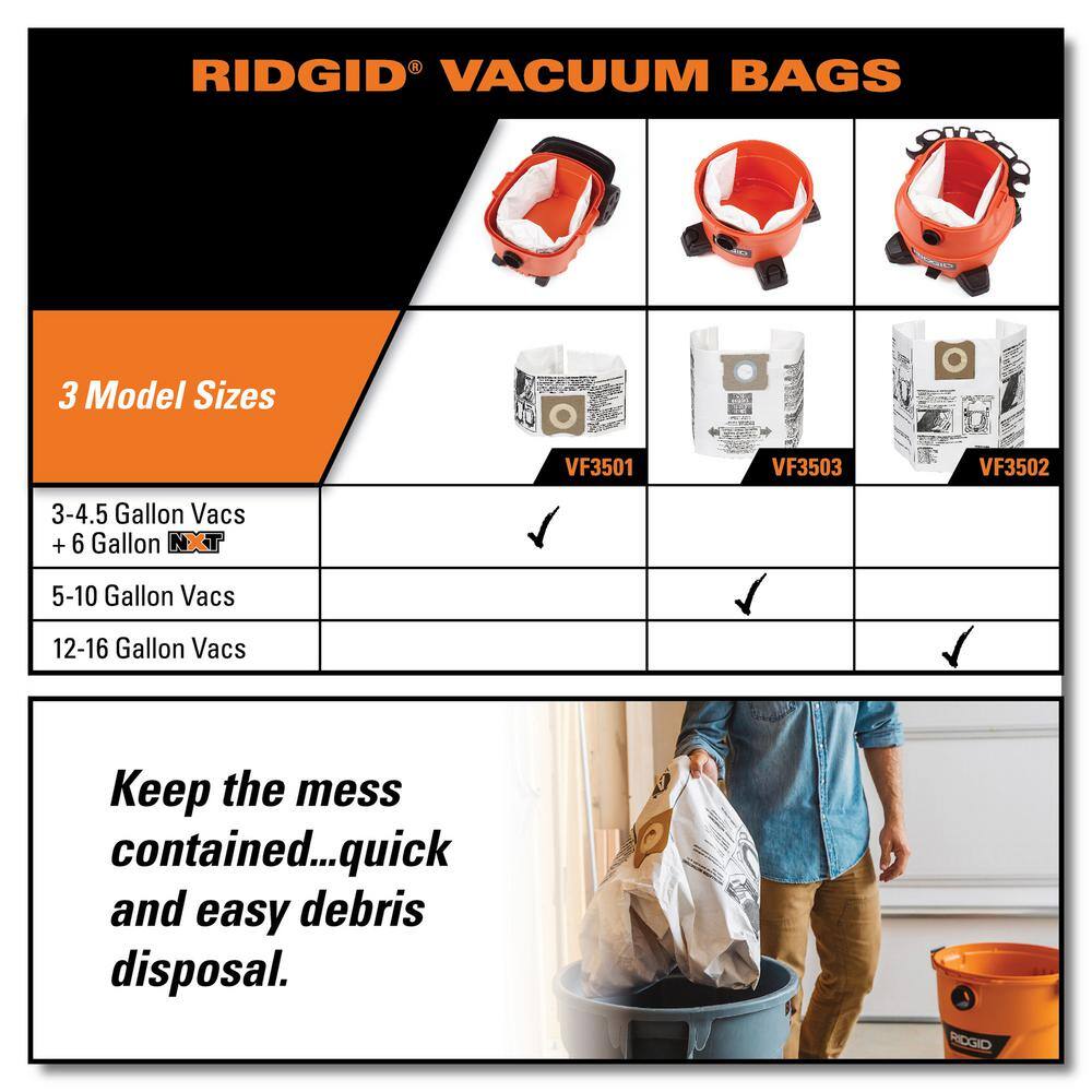 RIDGID High-Eff. Size B Dust Collection Bags for 5-8 Gal. Shop-Vac Branded Vacs 5-10 Gal. RIDGID Vacs except HD0600 (2-Pack) VF3503