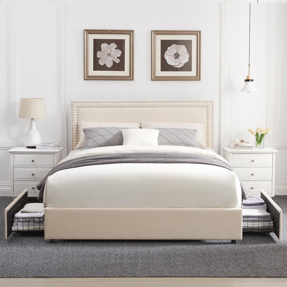 VECELO Platform Bed Frame with 4 Storage Drawers  Adjustable Upholstered Headboard  Storage Beds