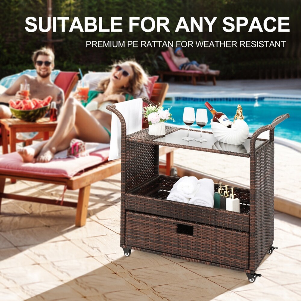 Outdoor Patio Wicker Rattan Serving Bar Cart Sideboard On Wheels Brown