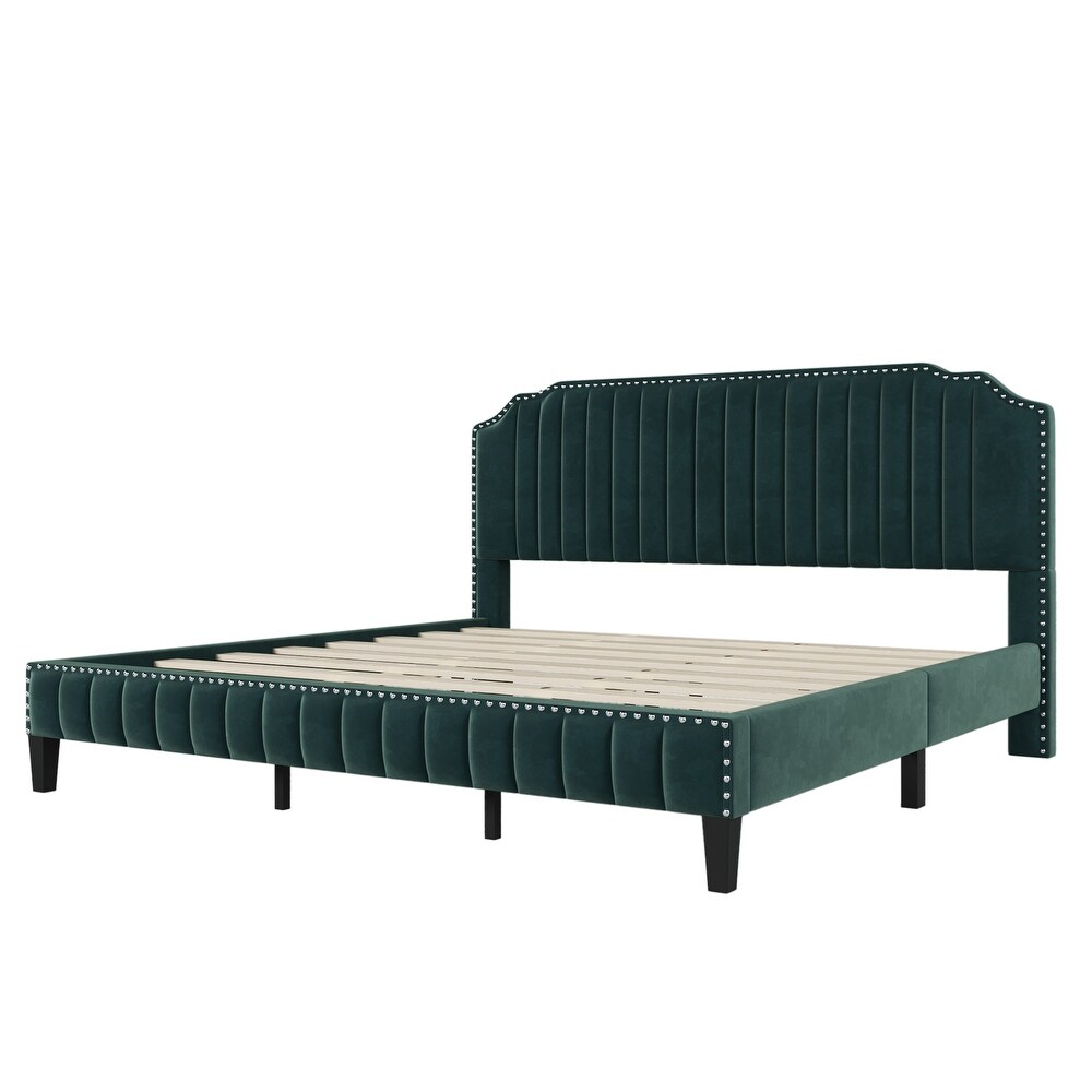 3 Pieces Bedroom Set w/ Nailhead Trim King Velvet Platform Bed  Green