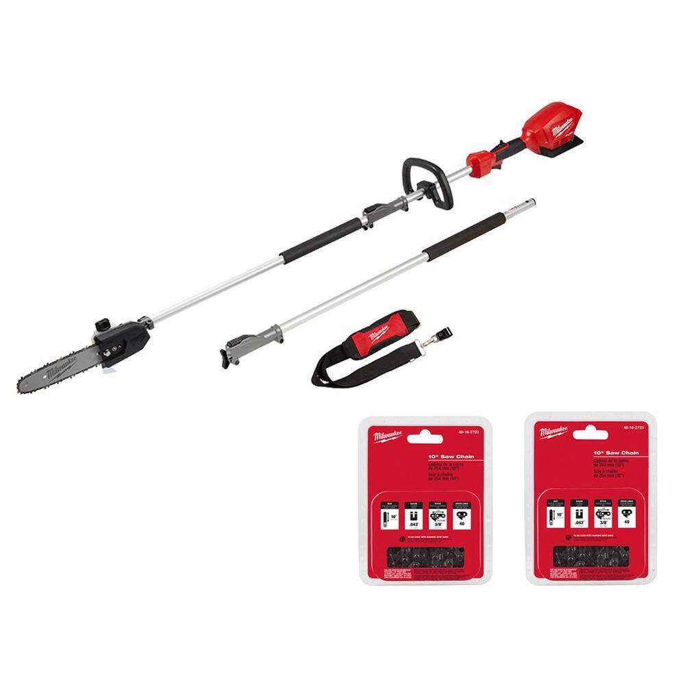 MW M18 FUEL 10 in. 18V Lithium-Ion Brushless Electric Cordless Pole Saw w Attachment Capability with Two 10 in. Saw Chain 2825-20PS-49-16-2723-49-16-2723