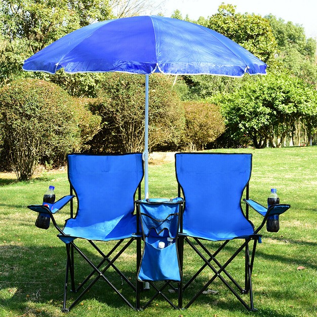 Costway Portable Folding Picnic Double Chair W umbrella Table Cooler Beach Camping Chair