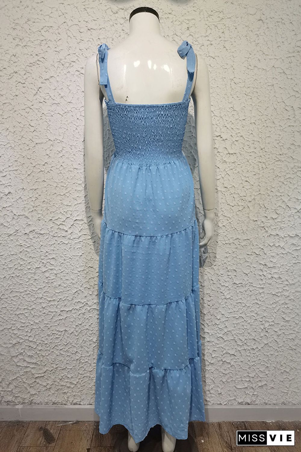 Plain Swiss Dot Smocked Tie Strap Maxi Dress