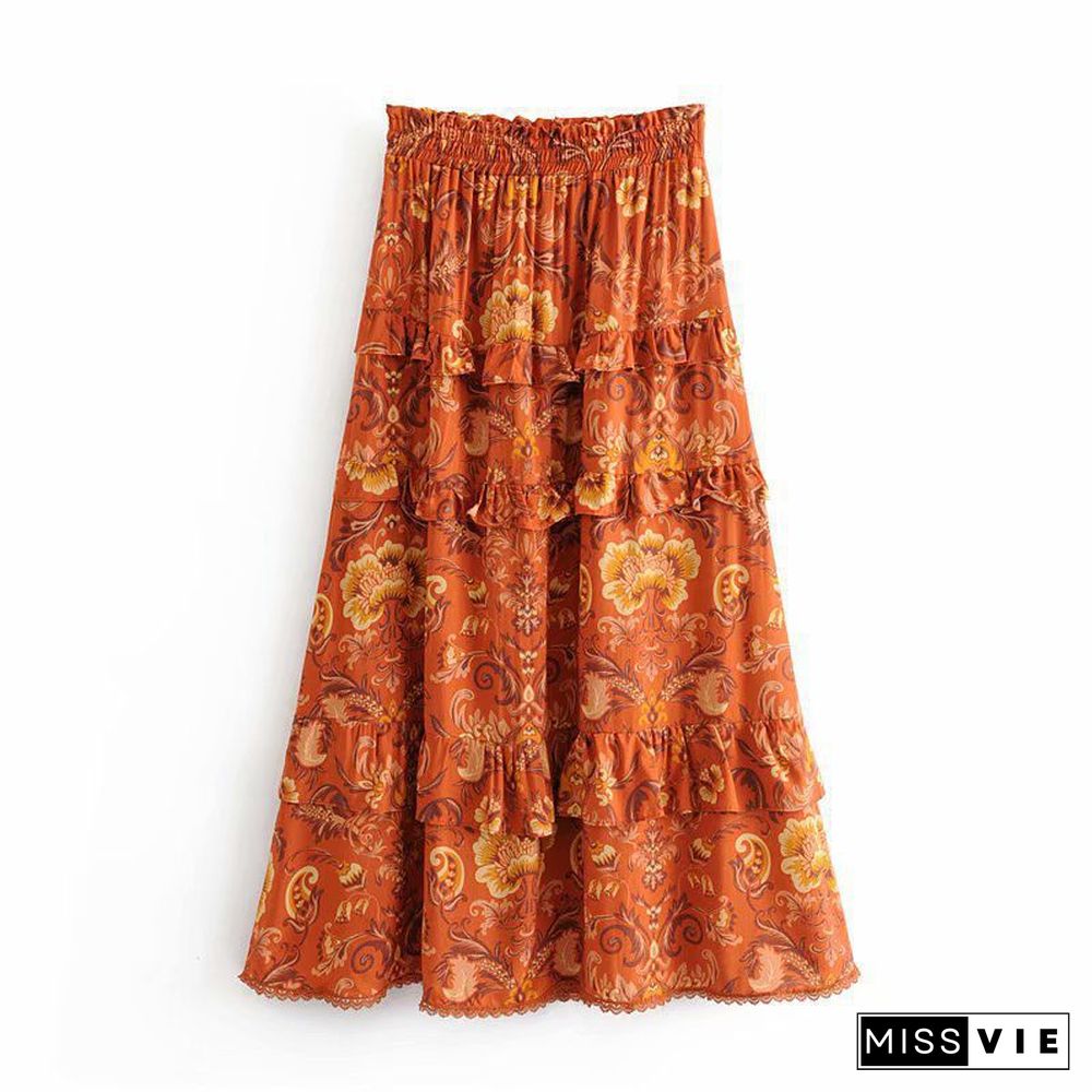 90s Fashion Retro Elastic Waist Paisley Ruffle Midi Skirt