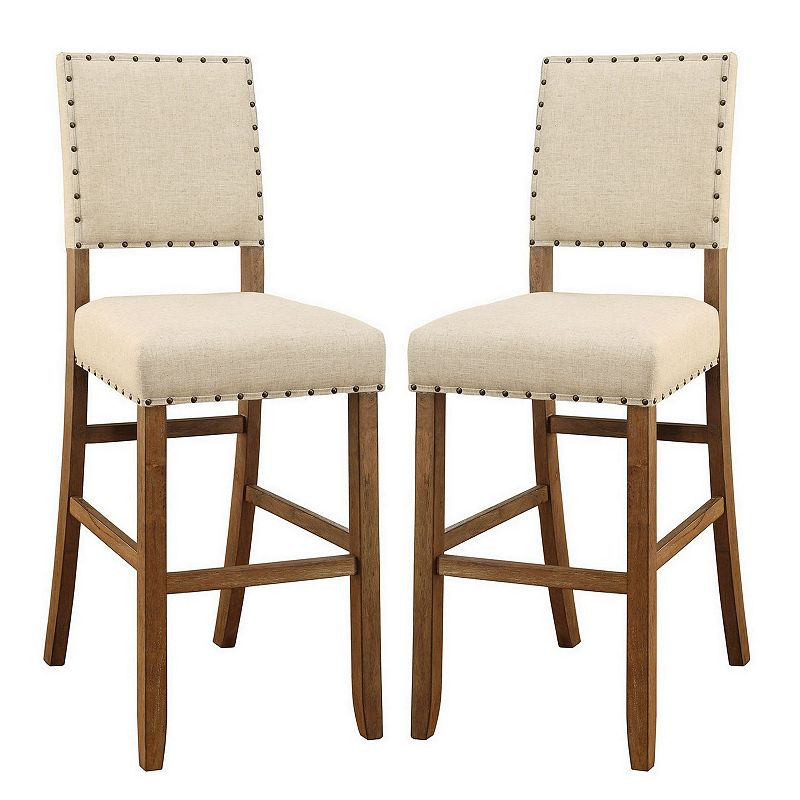 Counter Height Chair， Beige Fabric， Nailhead Trim， Set of 2， Brown Wood Legs