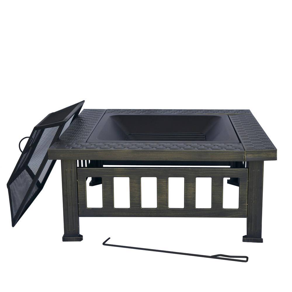 Bond Bali 32 in. W x 22.44 in. H Outdoor Square Powder Coated Steel Wood Burning Fire Pit in Bronze with Grate and Poker 52260