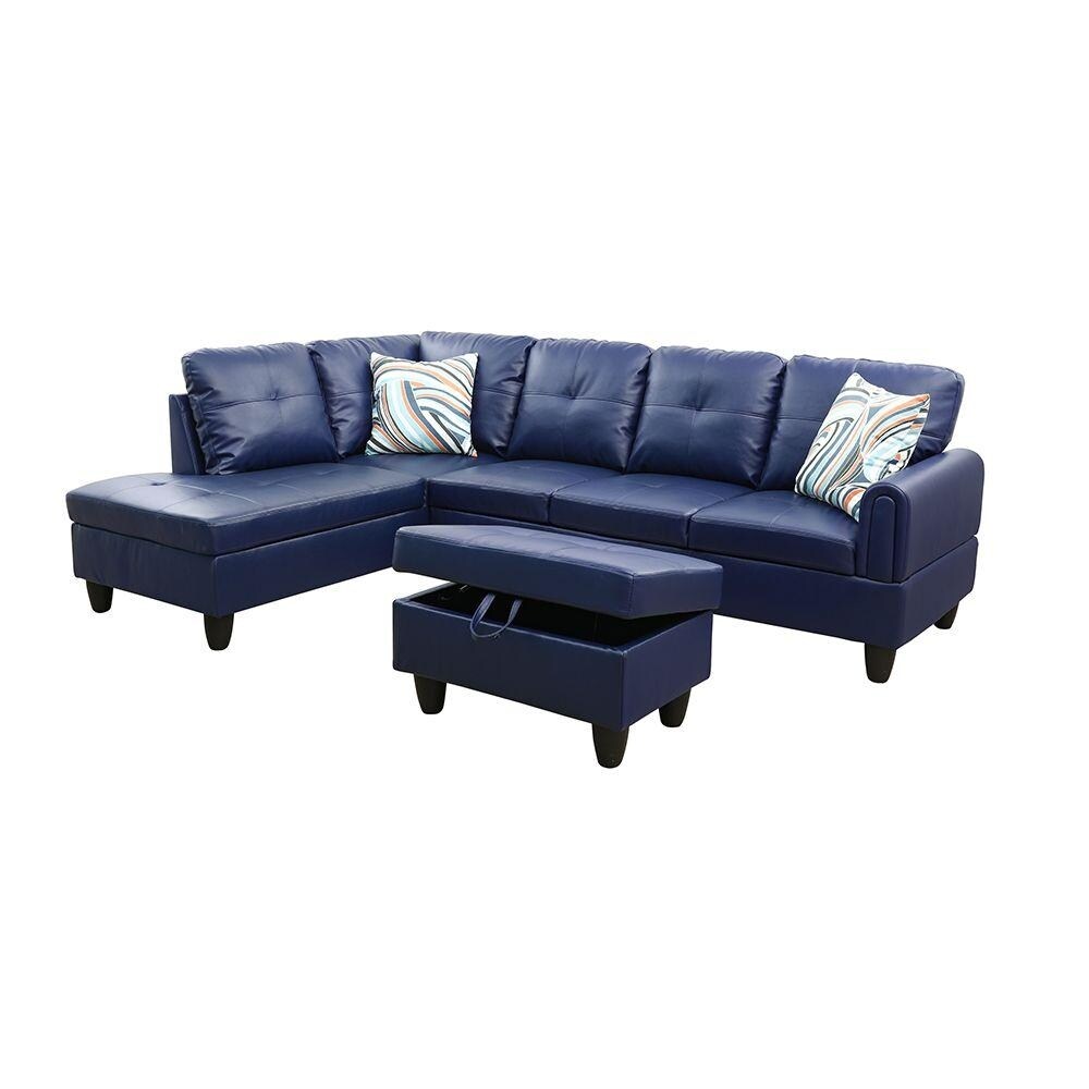 StarHomeLiving Jazz Blue left facing leather Sectional Sofa 3 pieces Set