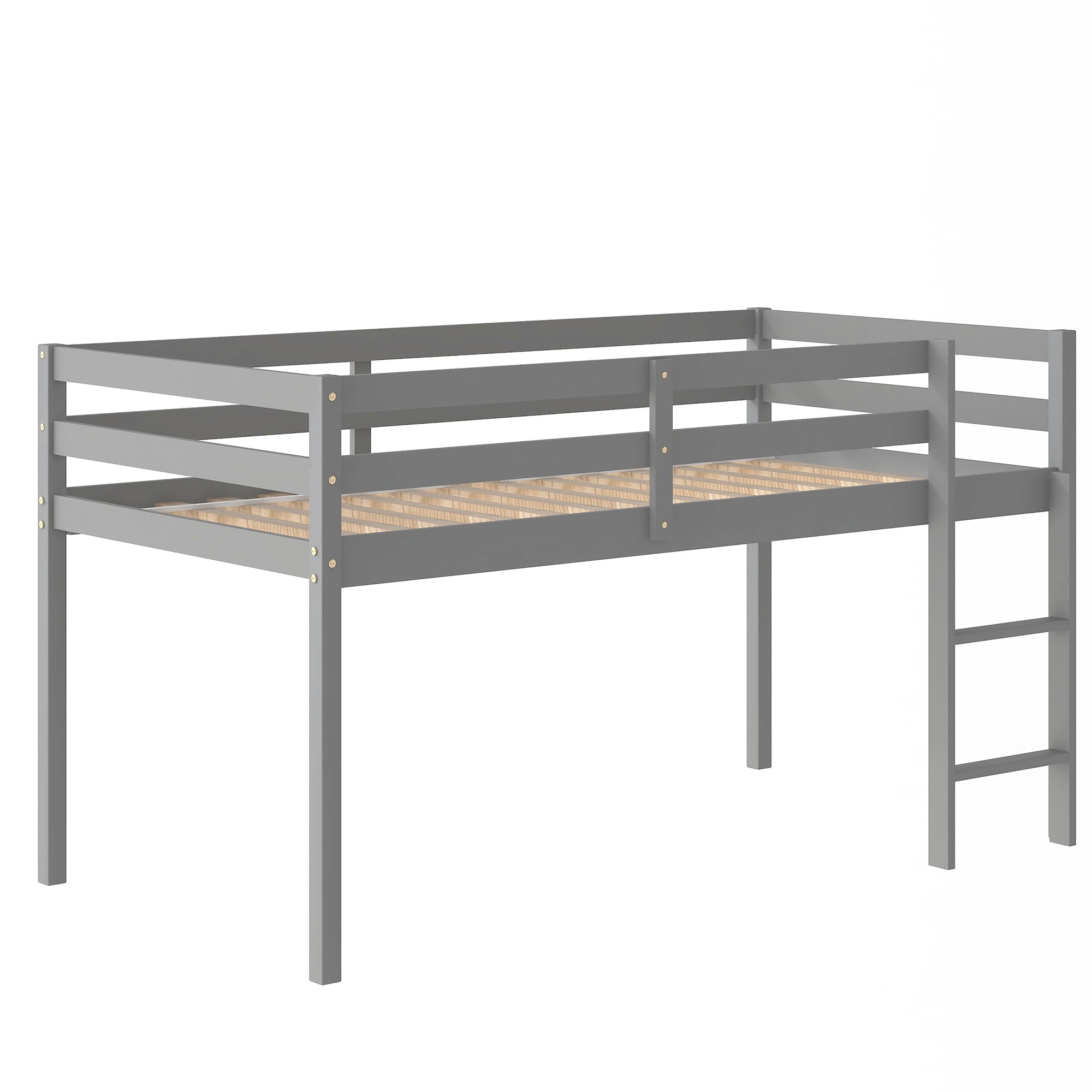 Twin Wood Loft Bed with Full-length Safety Rail and Ladder, Modern Twin Size Loft Bed Frame for Kids Teens Adult, Space Saving Bedroom Low Loft Bed, No Box Spring Needed, Gray, J2319