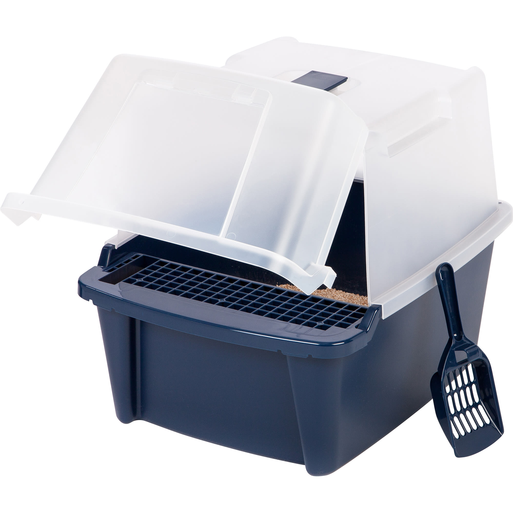 Iris Blue Split-Hood Cat Litter Box with Scoop and Grate