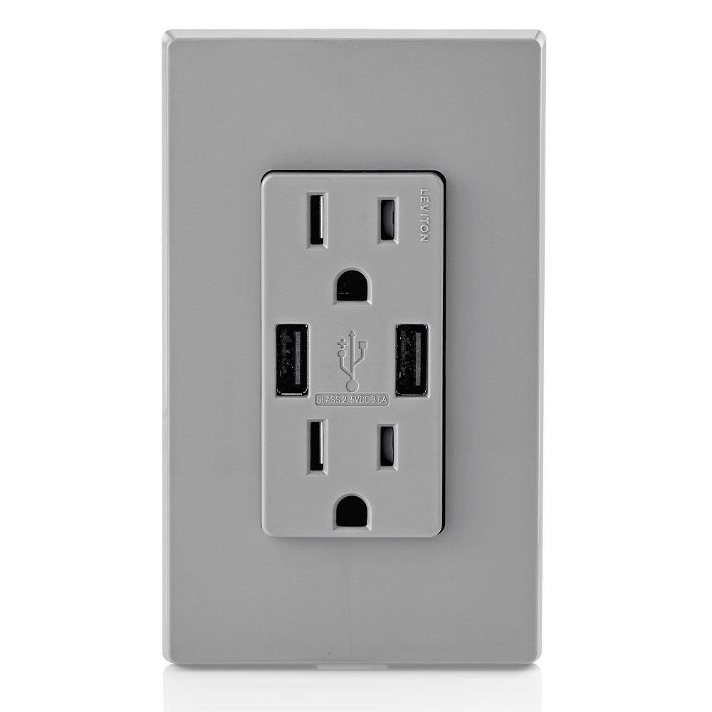 Leviton 3.6A USB Dual Type A In-Wall Charger with 15 Amp Tamper-Resistant Outlets Gray T5632-BG