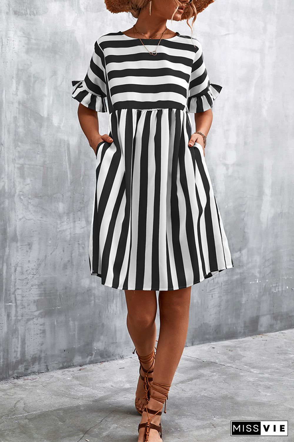 Stripe Print O-neck Ruffle Short Sleeve Dress Wholesale
