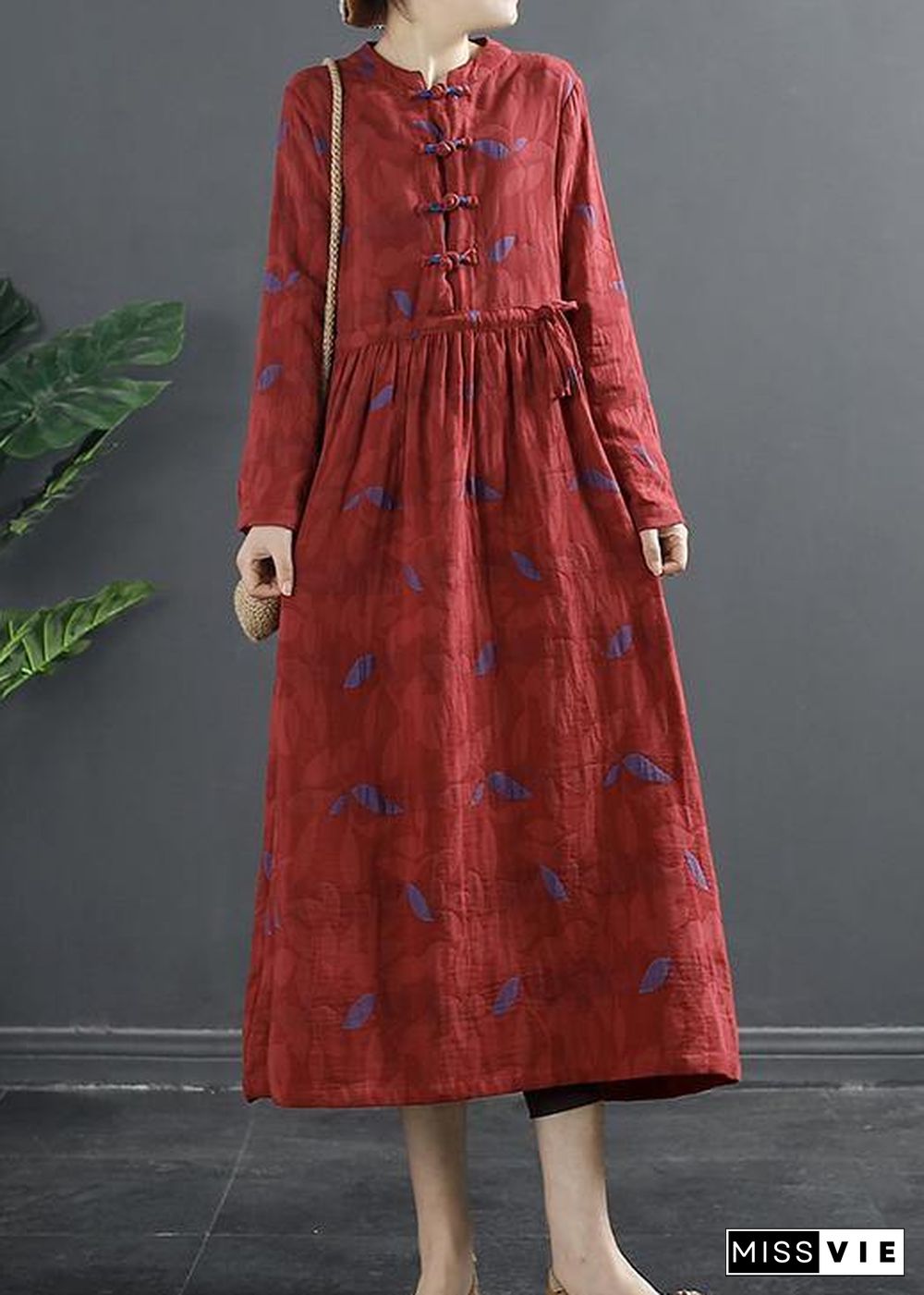 DIY Stand Collar Quilting Dresses Pattern Red Print Long Dress