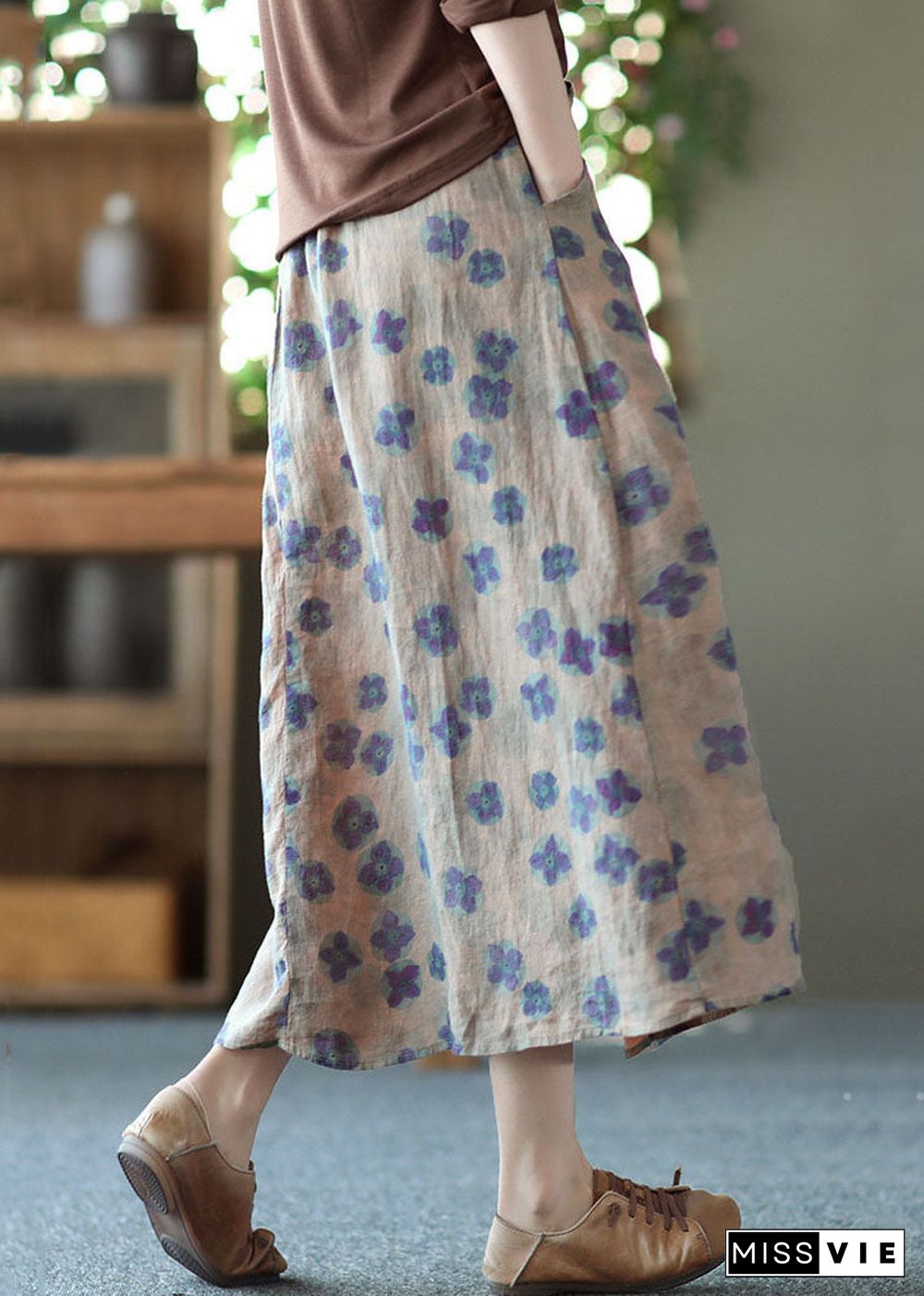 Purple Print Pockets Patchwork Linen Skirts Wrinkled Elastic Waist Summer