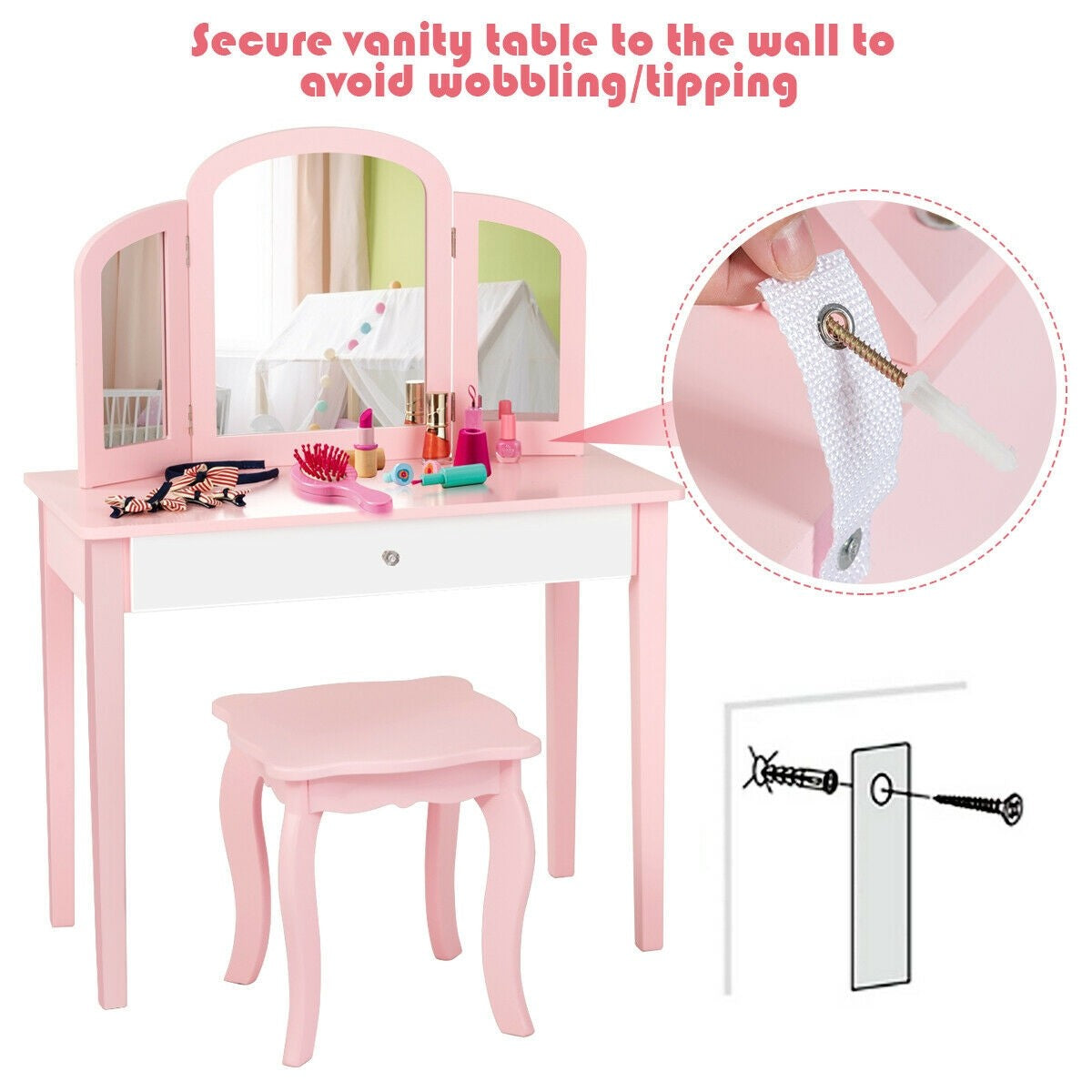 Costzon Kids Vanity Table, 2-in-1 Vanity Set with Detachable Top, Pretend Beauty Play Vanity Set for Girls